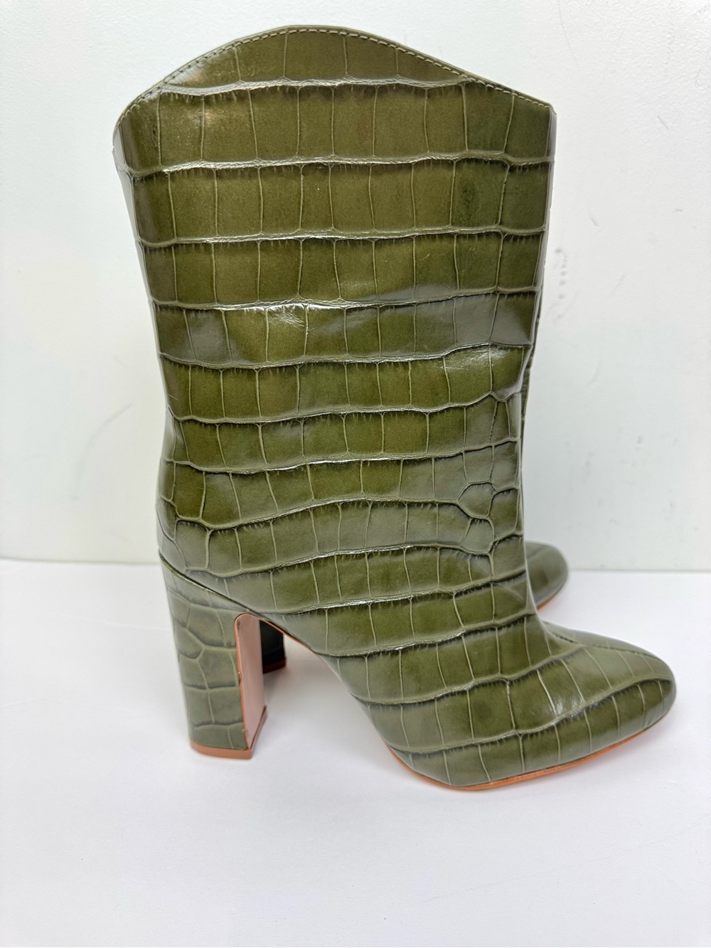 Schutz Gabrielle Olive Green Croc-Embossed Leather Boots Size 8 B